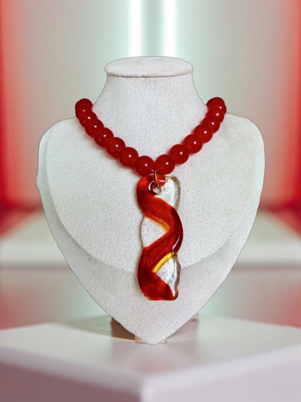 One-of-a-kind Statement Red Glass Bead Necklace with Swirl Pendant/ Vintage